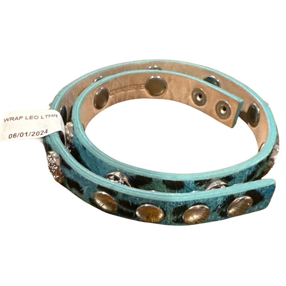 RUSTIC CUFF LEOPARD BLUE MEAGEN LEATHER CALFSKIN SILVER DOUBLE WRAP BRACELET